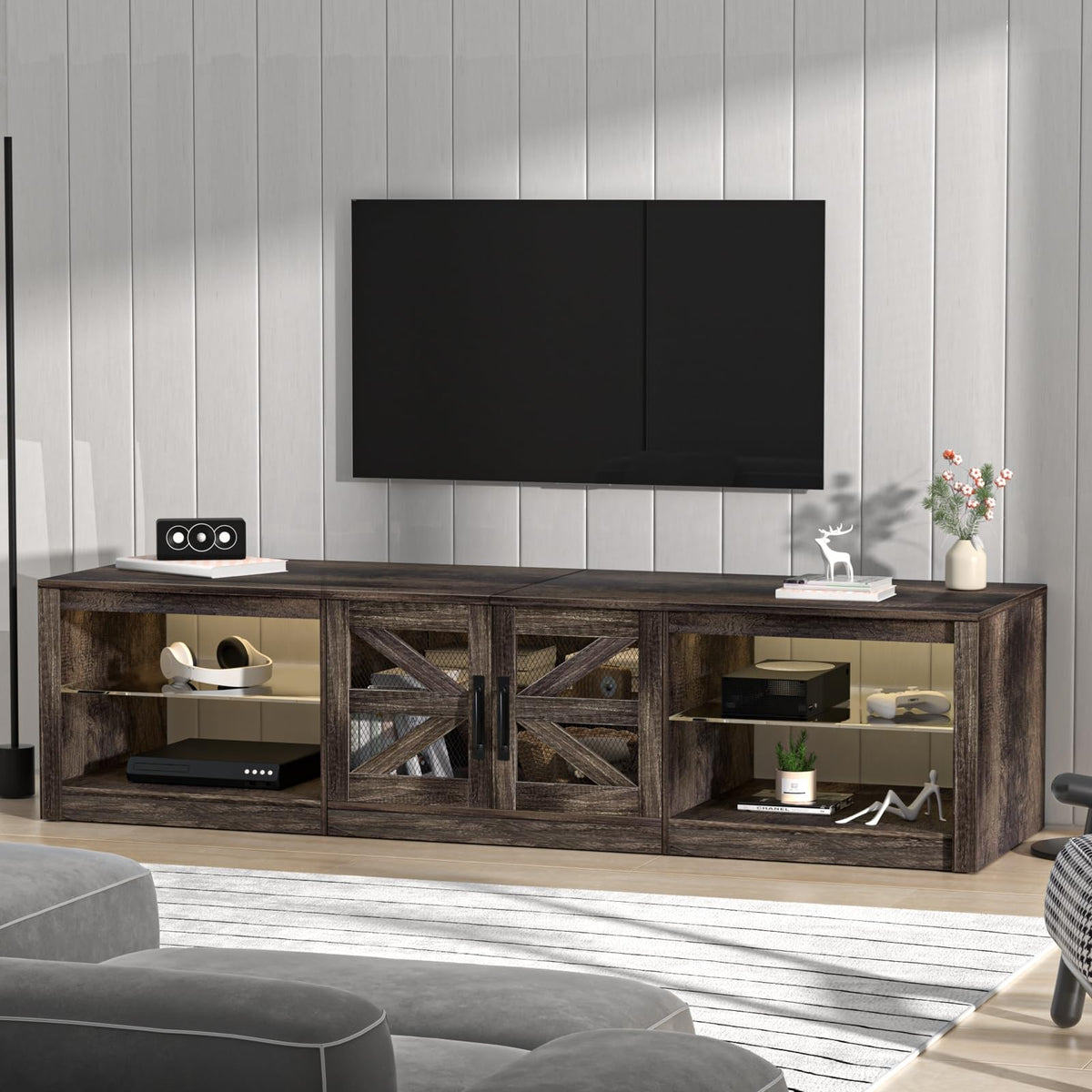 Rustic Brown Grey TV Stand with Sliding Barn Door Y97183