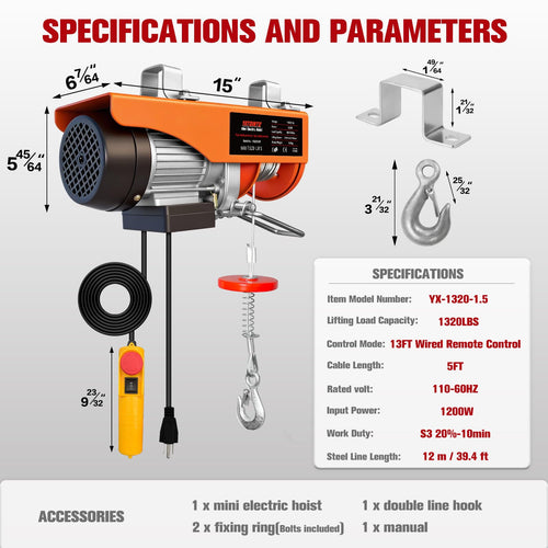 1320Lbs Electric Hoist with 13ft Remote Control P3225