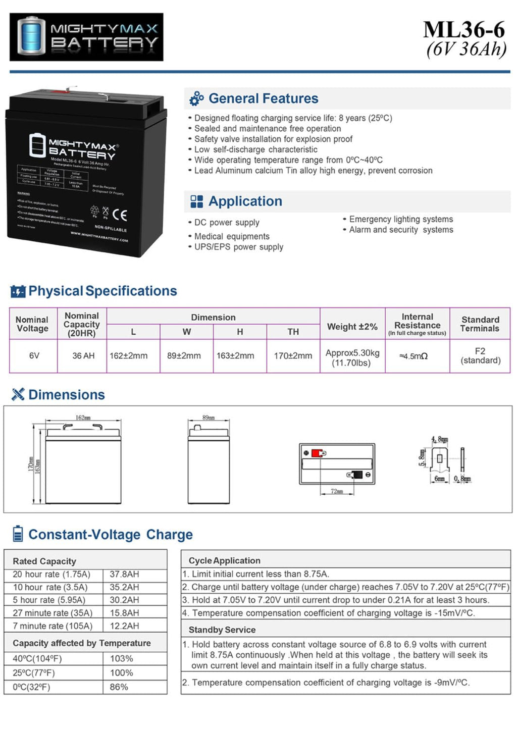 6V 36Ah AGM F2 Terminal Battery X574