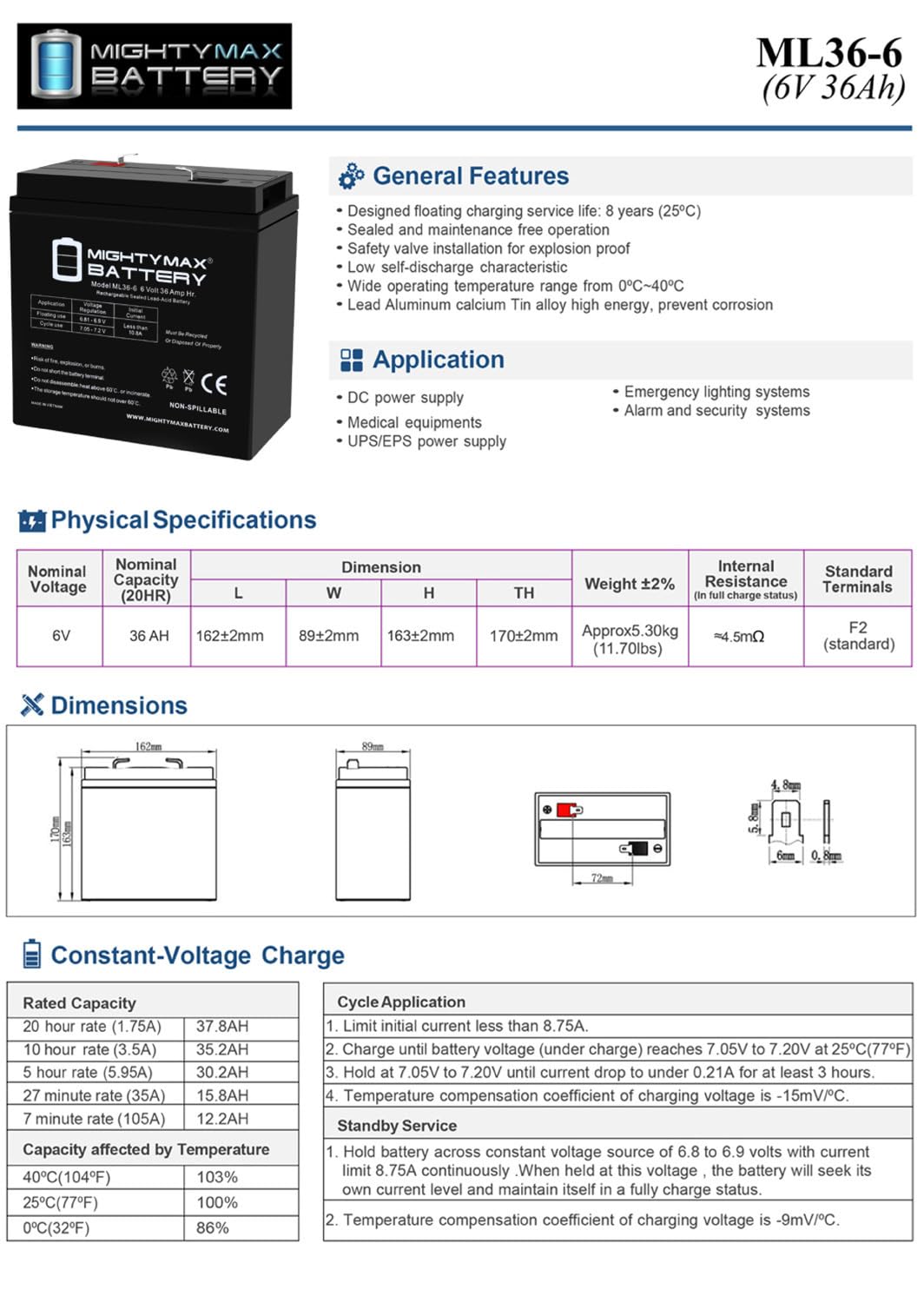 6V 36Ah AGM F2 Terminal Battery X574