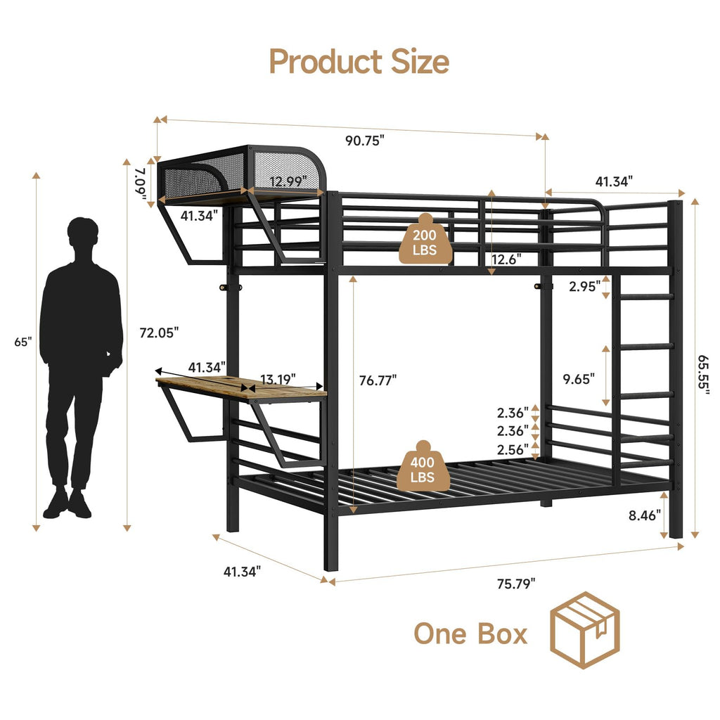 Twin Over Twin Metal Bunk Bed with Desk & Outlet J687