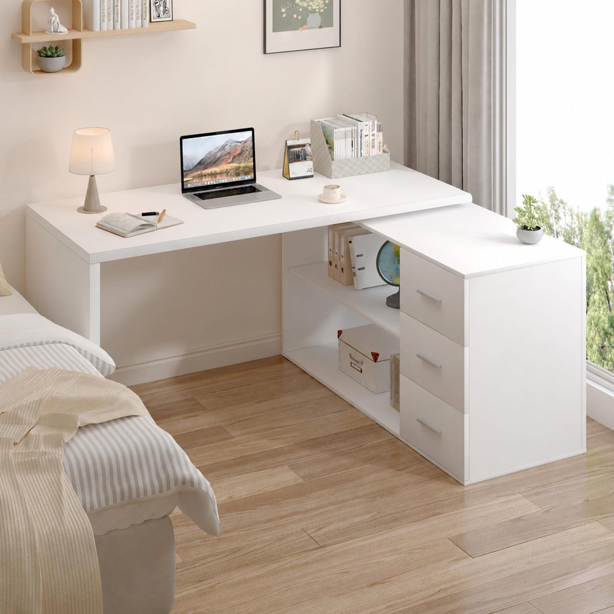 White L Shaped Corner Desk with 3 Drawers 55 inch J962
