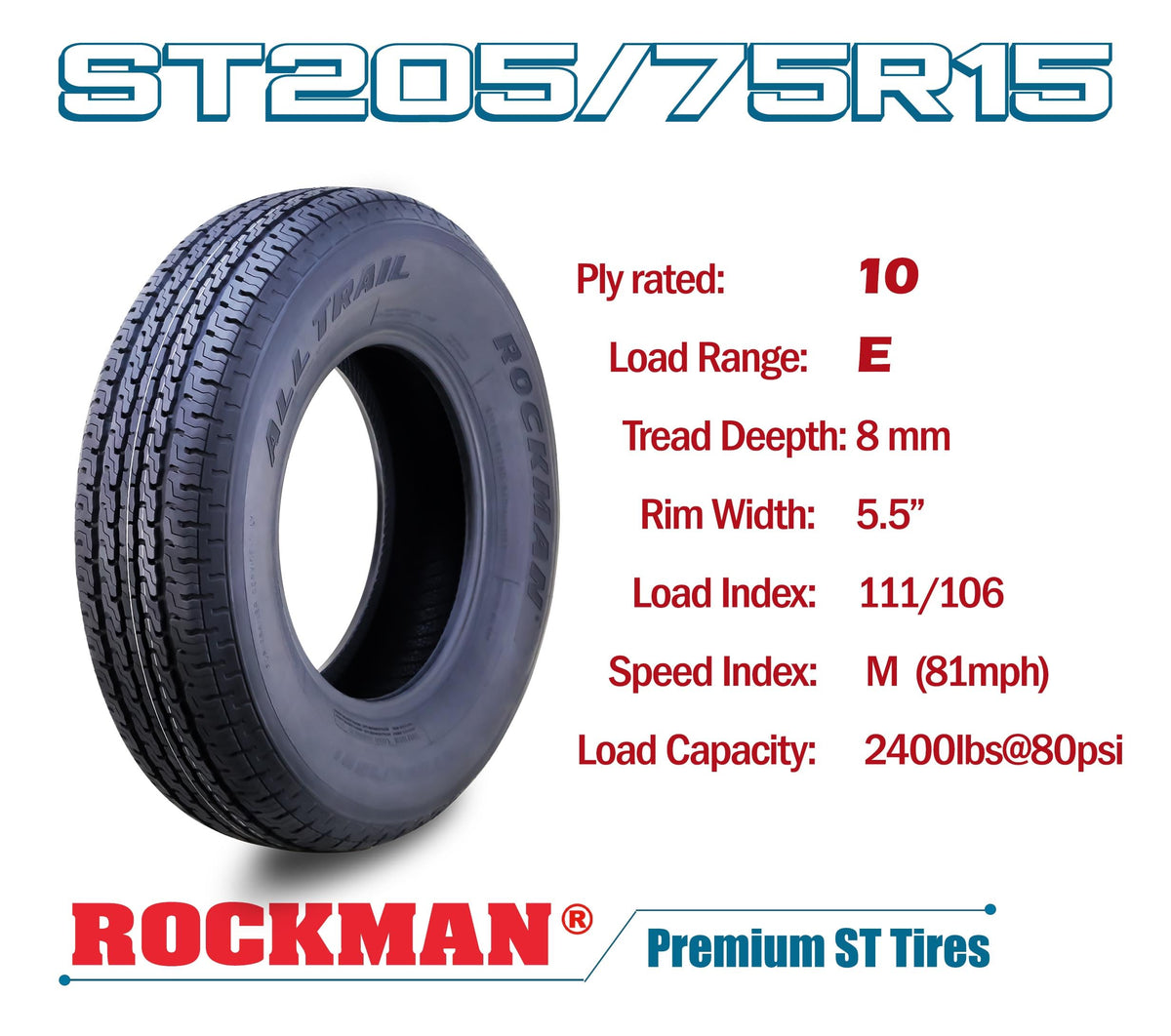 Heavy Duty Trailer Tire ST205/75R15 10-Ply Set4 U3841