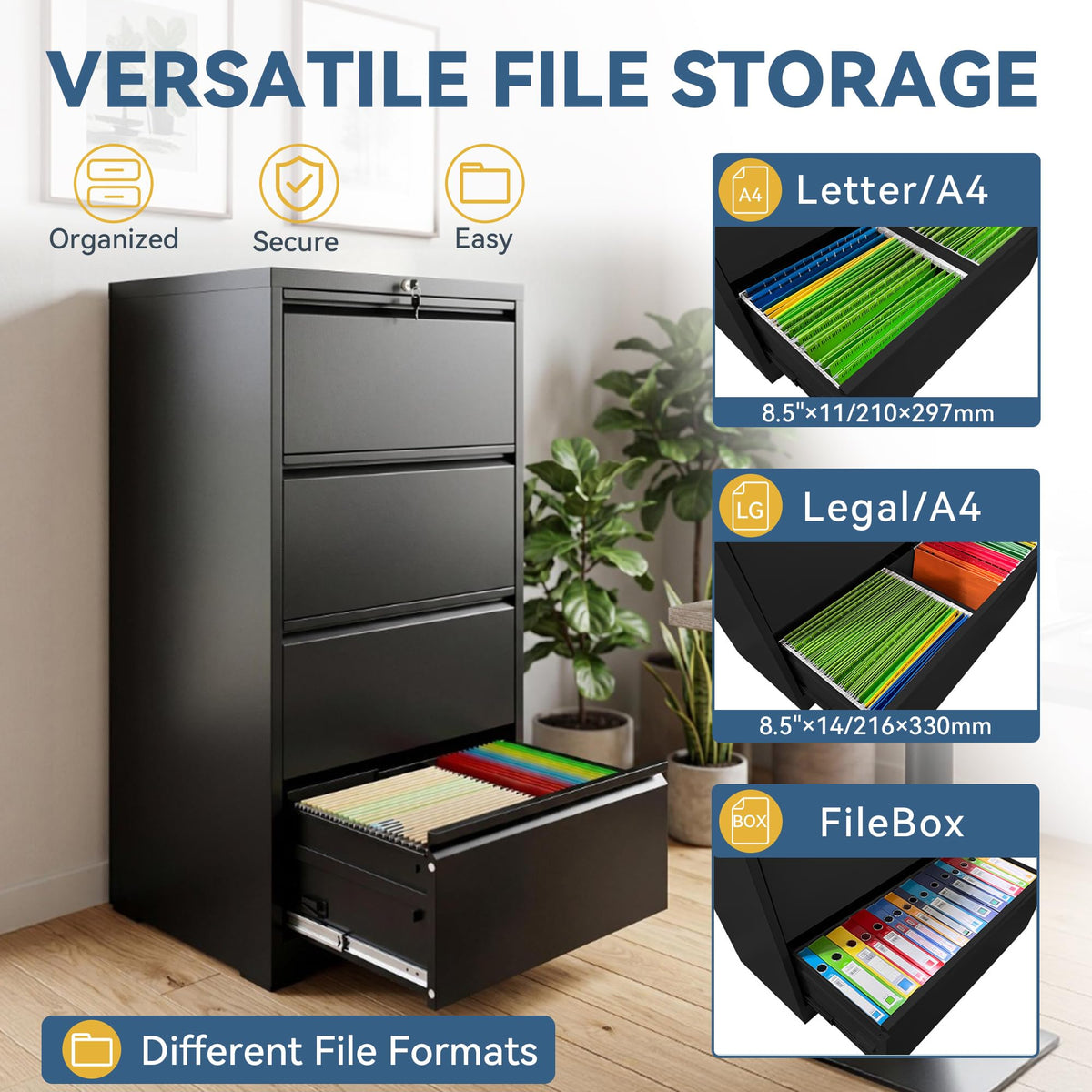 4 Drawer Black Metal File Cabinet with Lock O103793