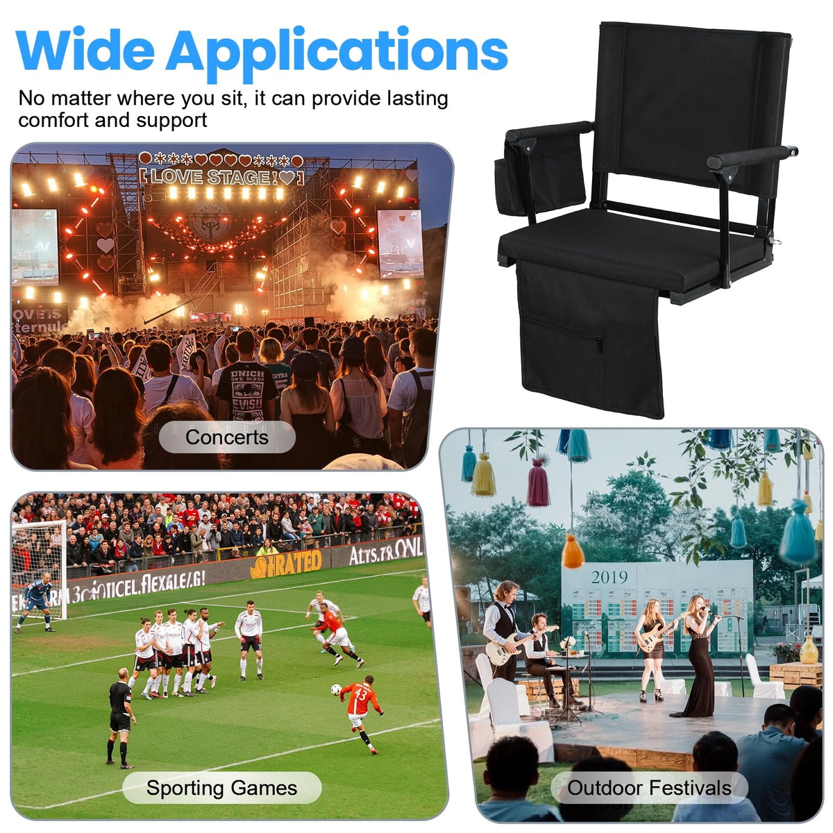 2 Pcs Folding Stadium Seat with Back Support and Cushion V3866