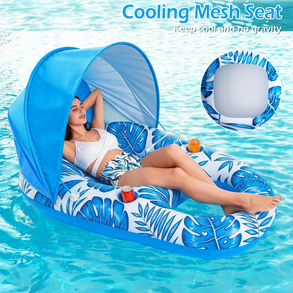 Inflatable Pool Float Lounger with Canopy and Cup Holders F57388