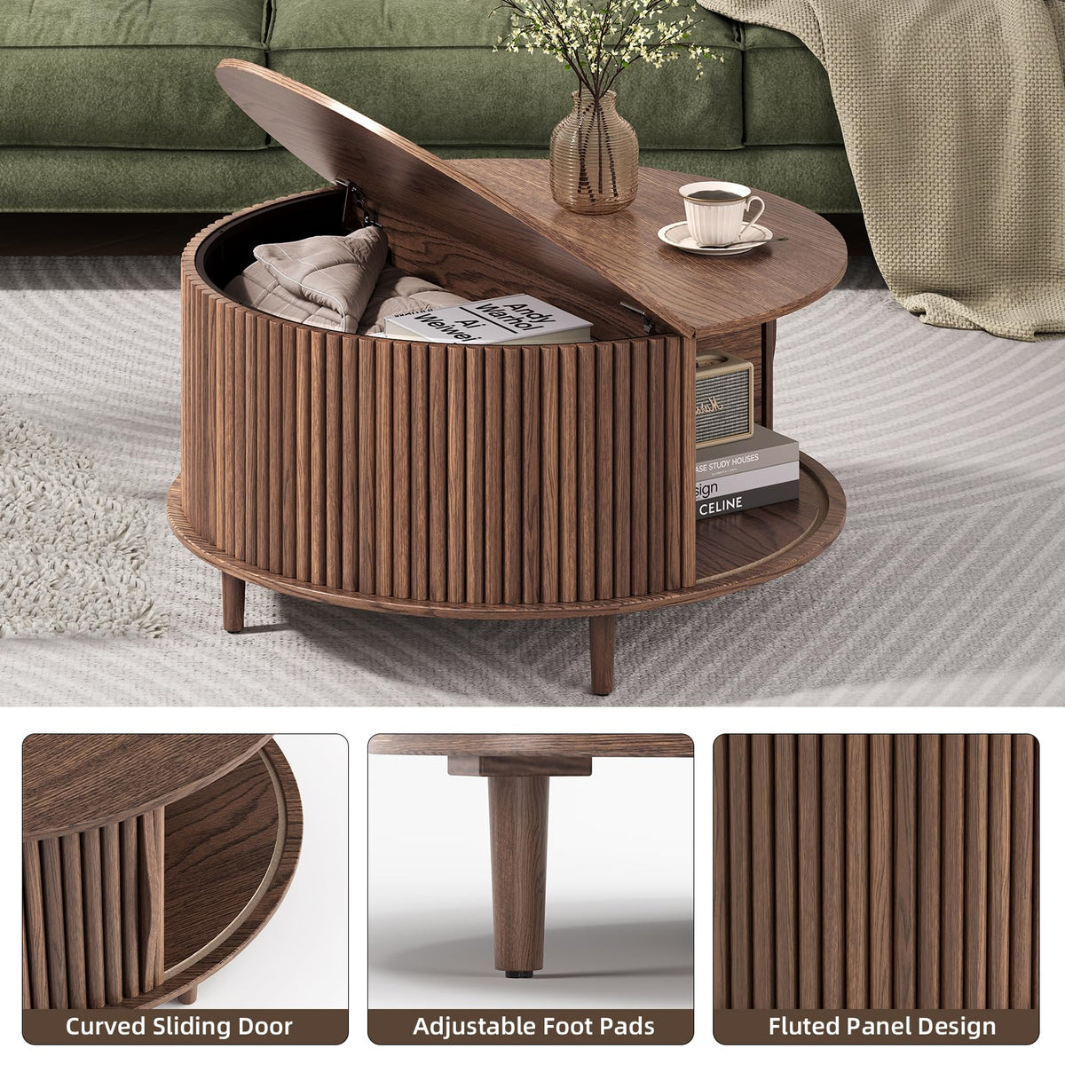 Round Coffee Table with Storage, 31.5", Walnut P774