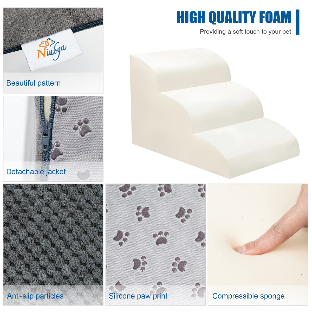 High Density Foam Dog Stairs 3 Steps Grey E579