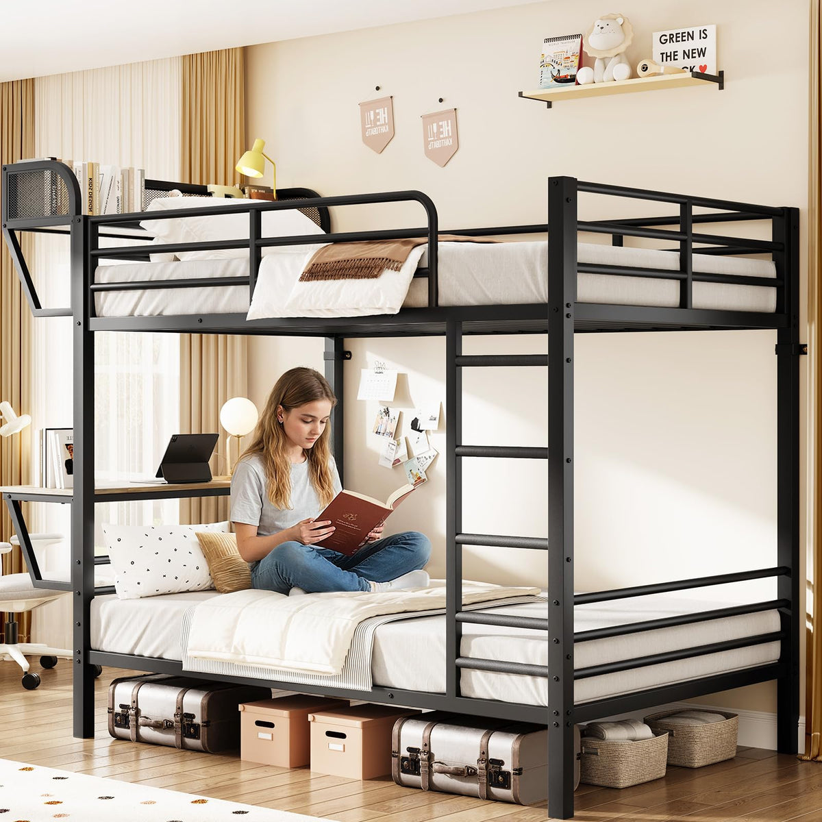 Twin Over Twin Metal Bunk Bed with Desk & Outlet J687