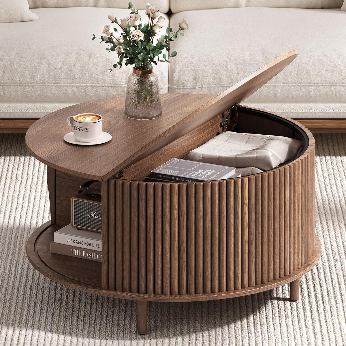 Round Coffee Table with Storage, 31.5", Walnut P774
