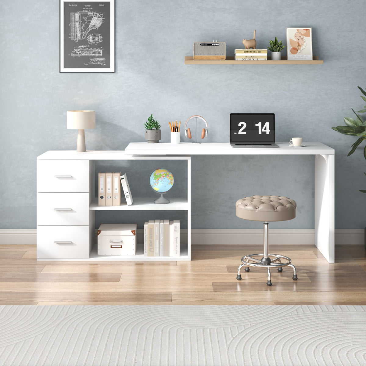 White L Shaped Corner Desk with 3 Drawers 55 inch J962