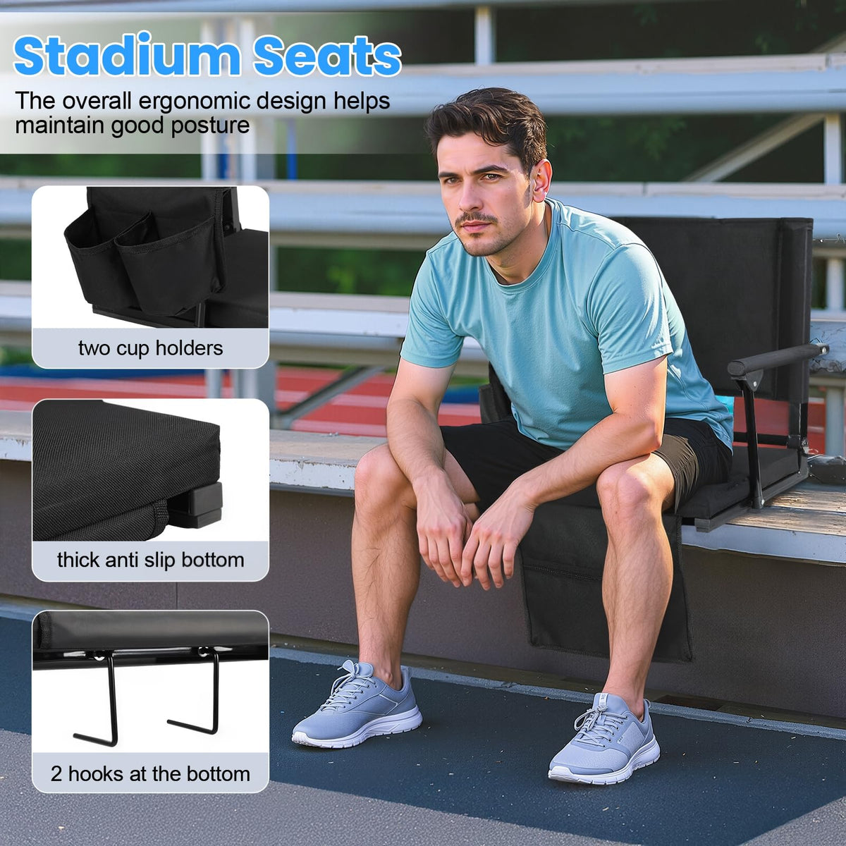 2 Pcs Folding Stadium Seat with Back Support and Cushion V3866