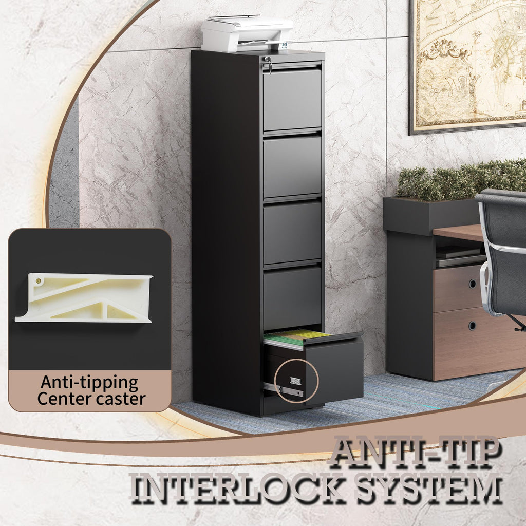 5 Drawer Black Filing Cabinet with Lock Q1218