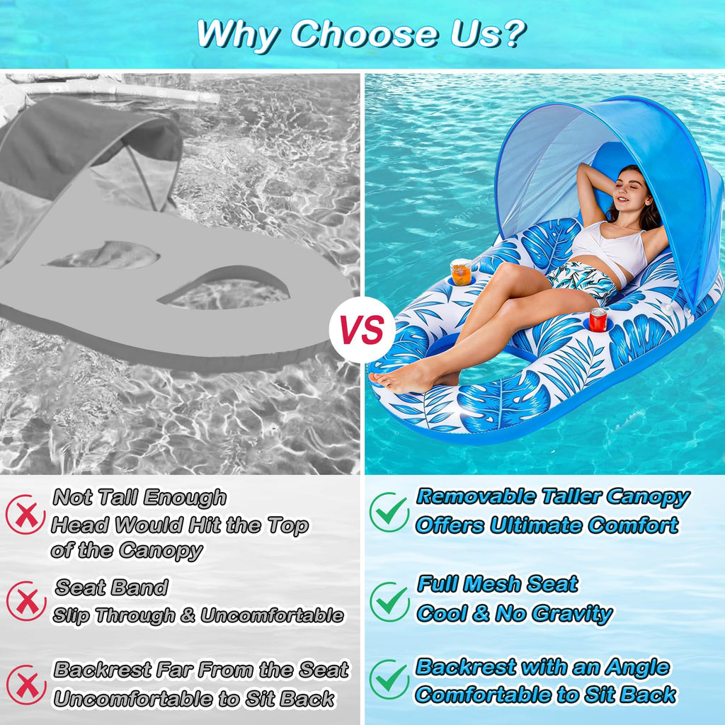 Inflatable Pool Float Lounger with Canopy and Cup Holders F57388