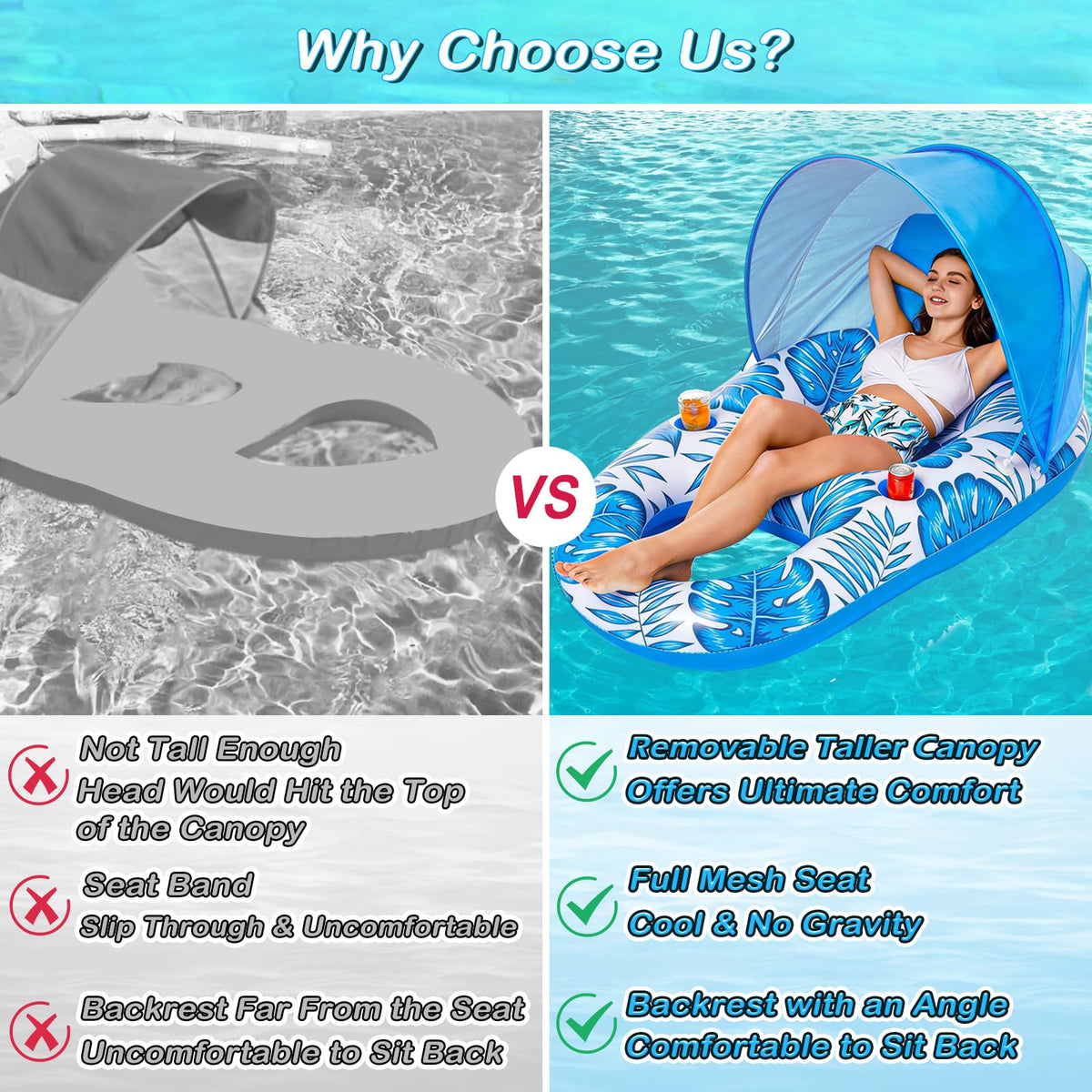 Inflatable Pool Float Lounger with Canopy and Cup Holders F57388