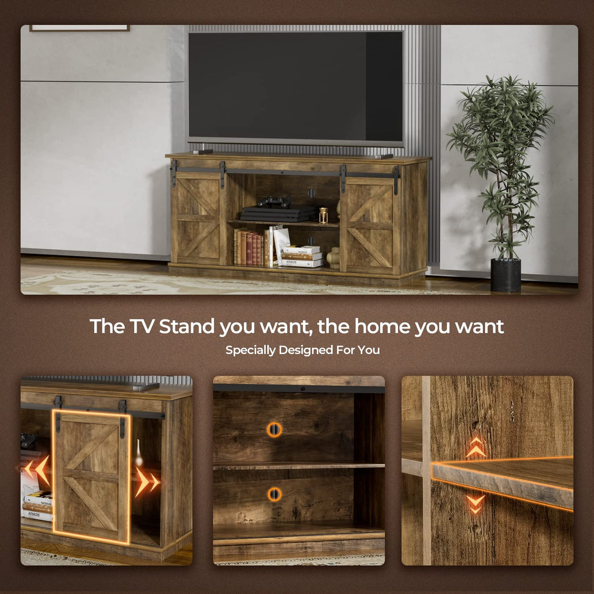 Farmhouse TV Stand for 65 Inch TV with Sliding Barn Doors and Storage Cabinets V481