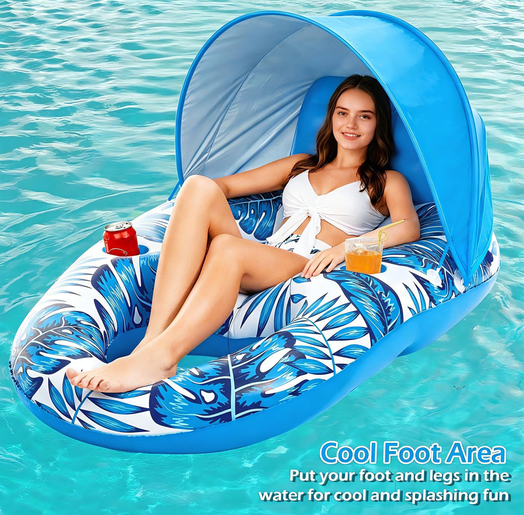 Inflatable Pool Float Lounger with Canopy and Cup Holders F57388