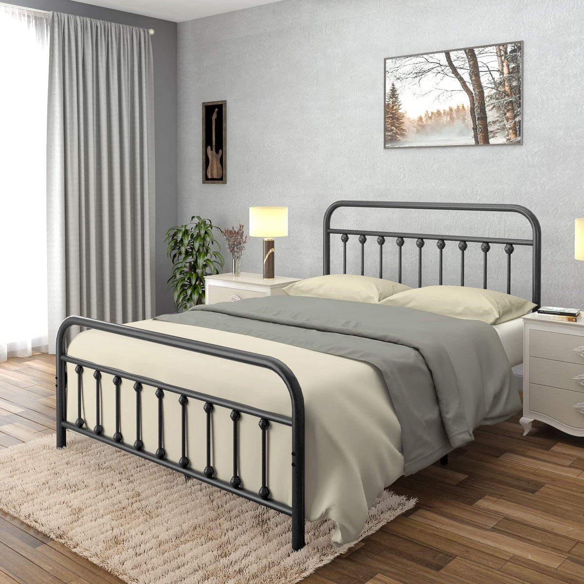 Black Full Size Metal Bed Frame with Wrought Iron Headboard H797