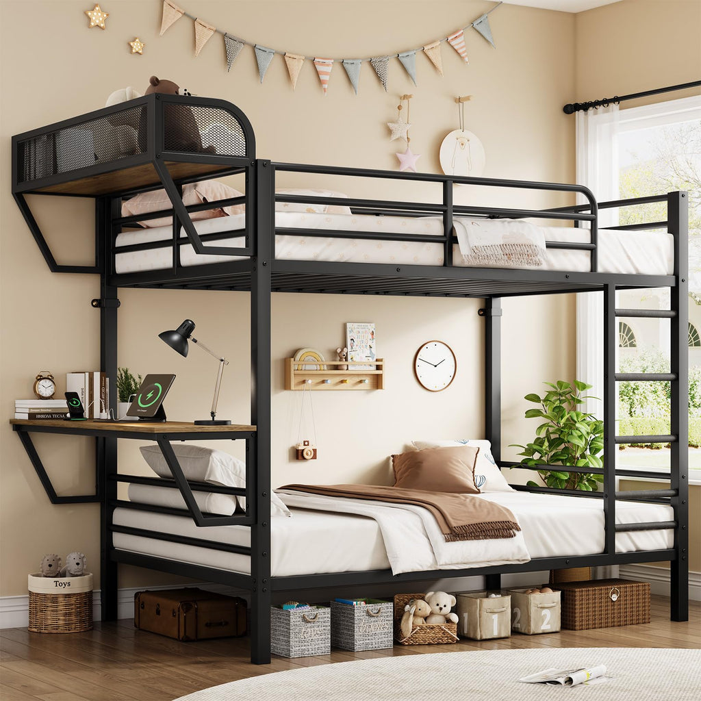 Twin Over Twin Metal Bunk Bed with Desk & Outlet J687