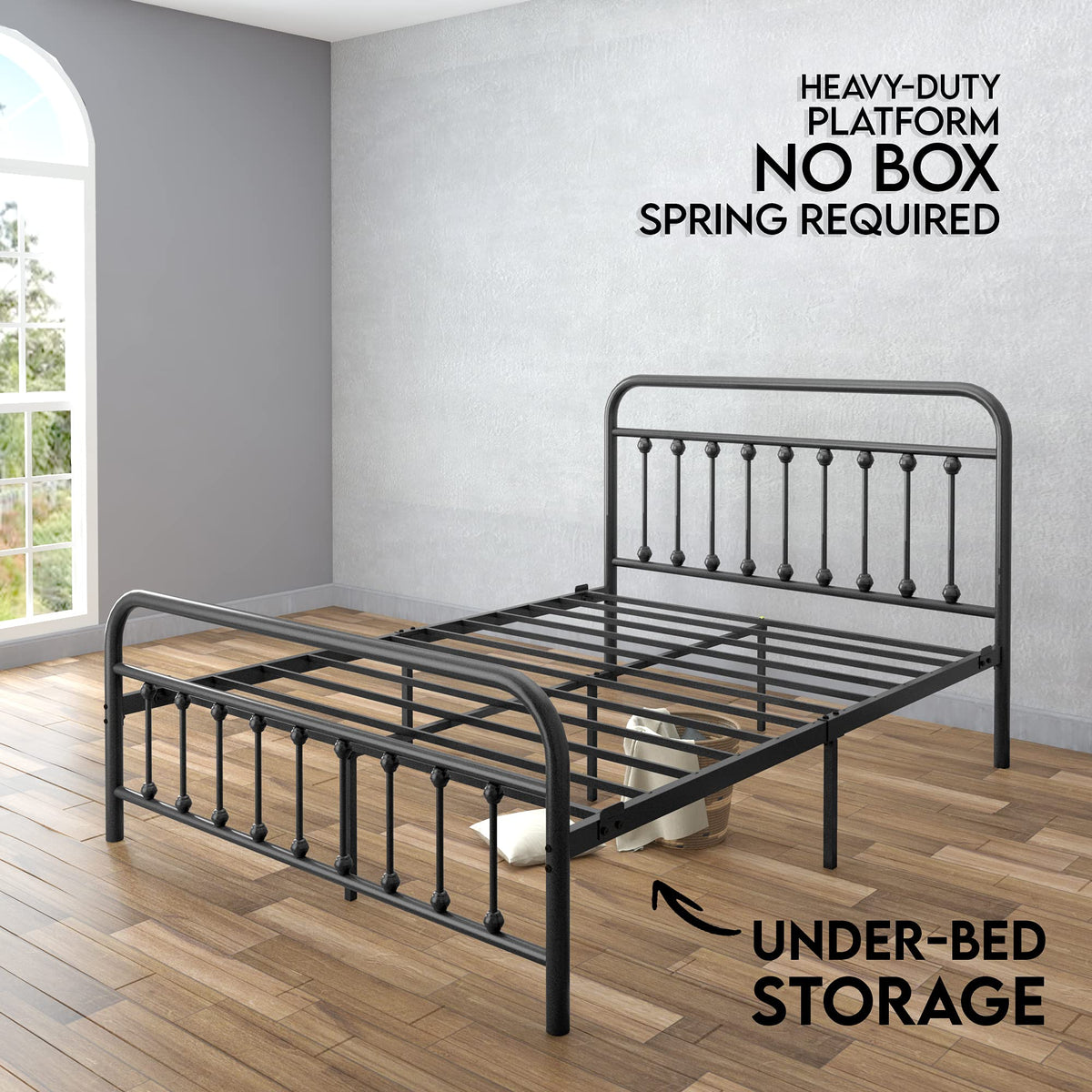 Black Full Size Metal Bed Frame with Wrought Iron Headboard H797