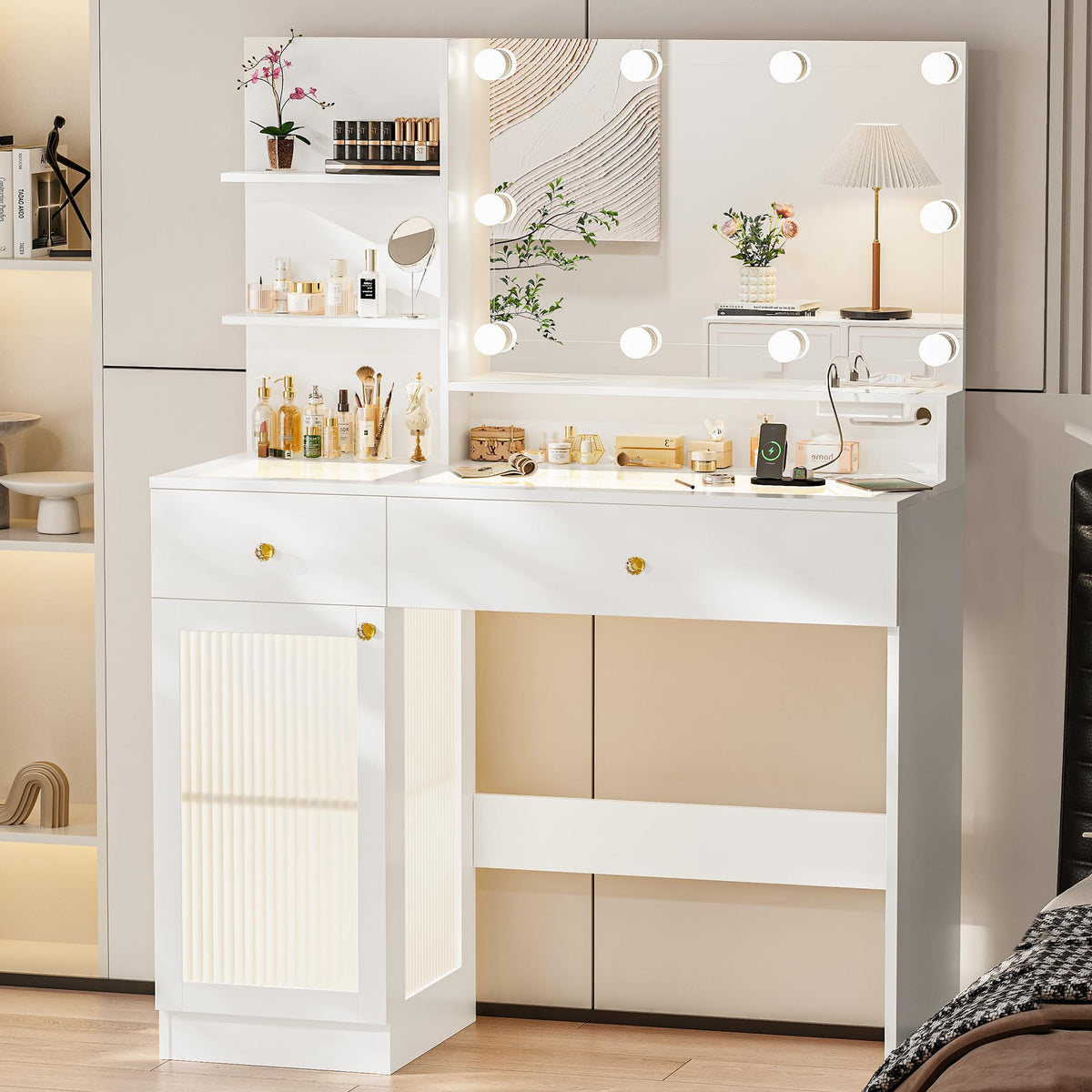 40" White Vanity Desk with Mirror and Lights O145879