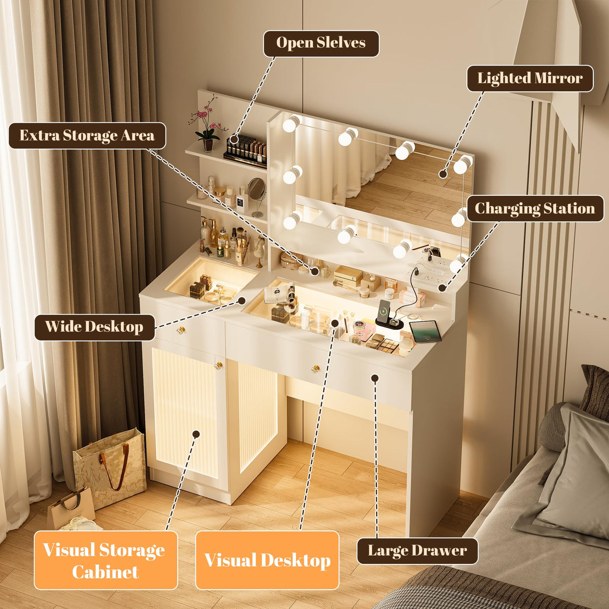 40" White Vanity Desk with Mirror and Lights O145879