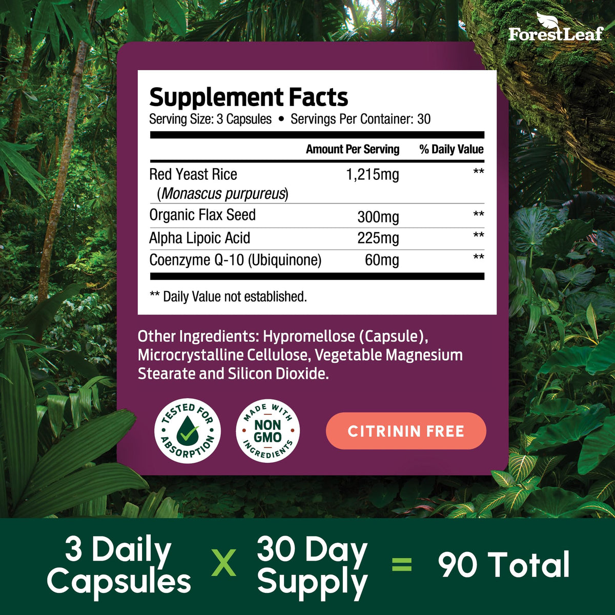 Red Yeast Rice 1215 mg CoQ10 Alpha Lipoic Acid Flaxseed 90 Capsules D4275