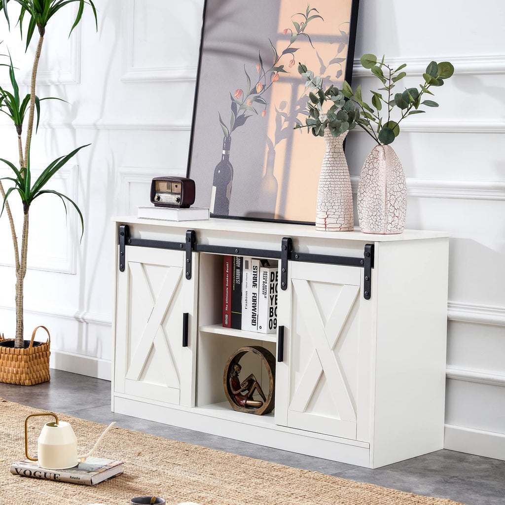White Farmhouse TV Stand with Sliding Barn Door and Storage Cabinets S72570