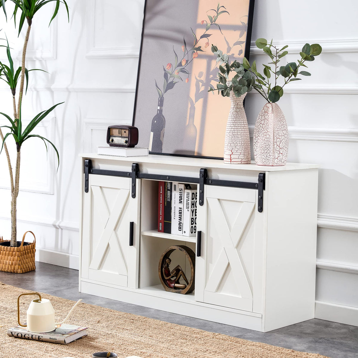 White Farmhouse TV Stand with Sliding Barn Door and Storage Cabinets S72570