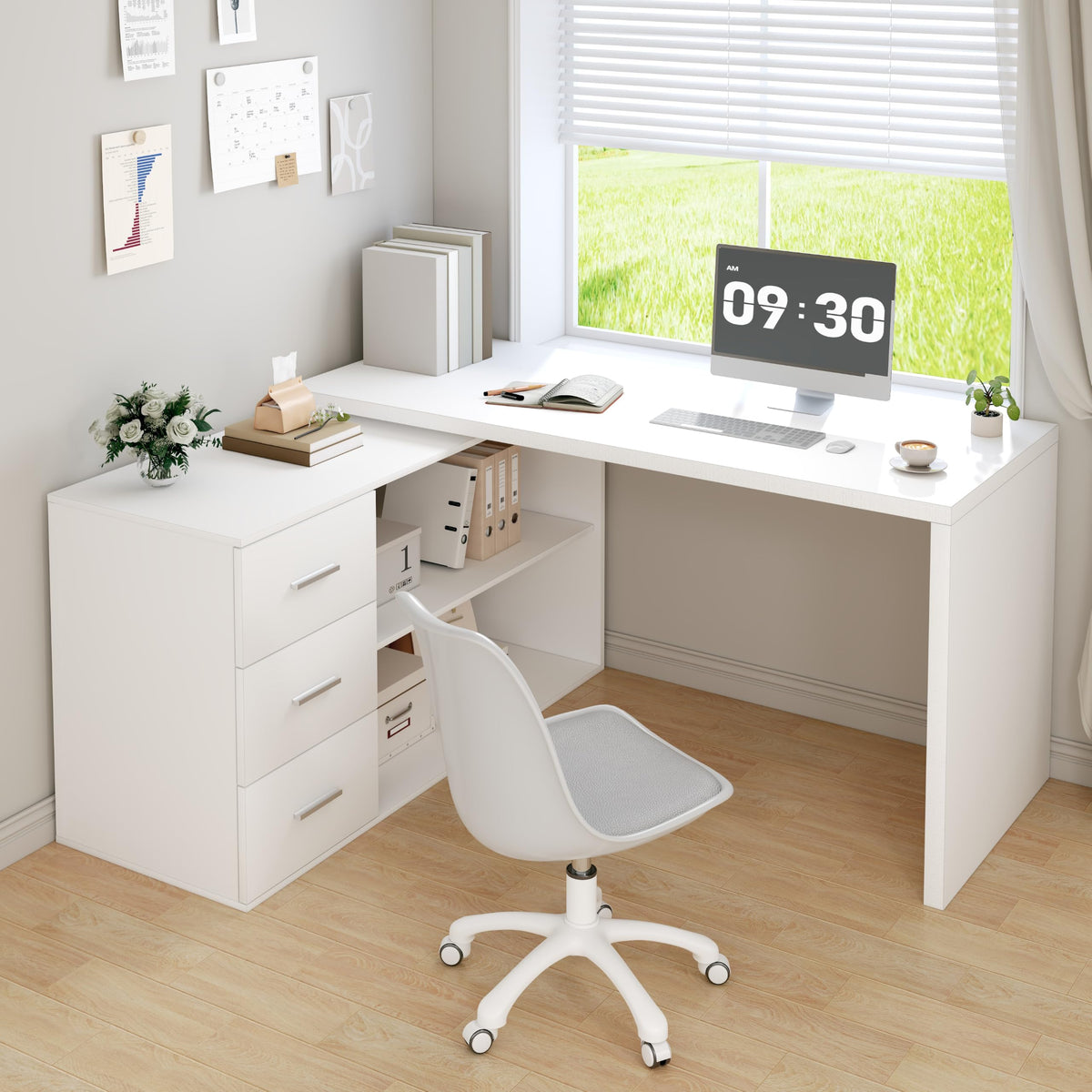 White L Shaped Corner Desk with 3 Drawers 55 inch J962
