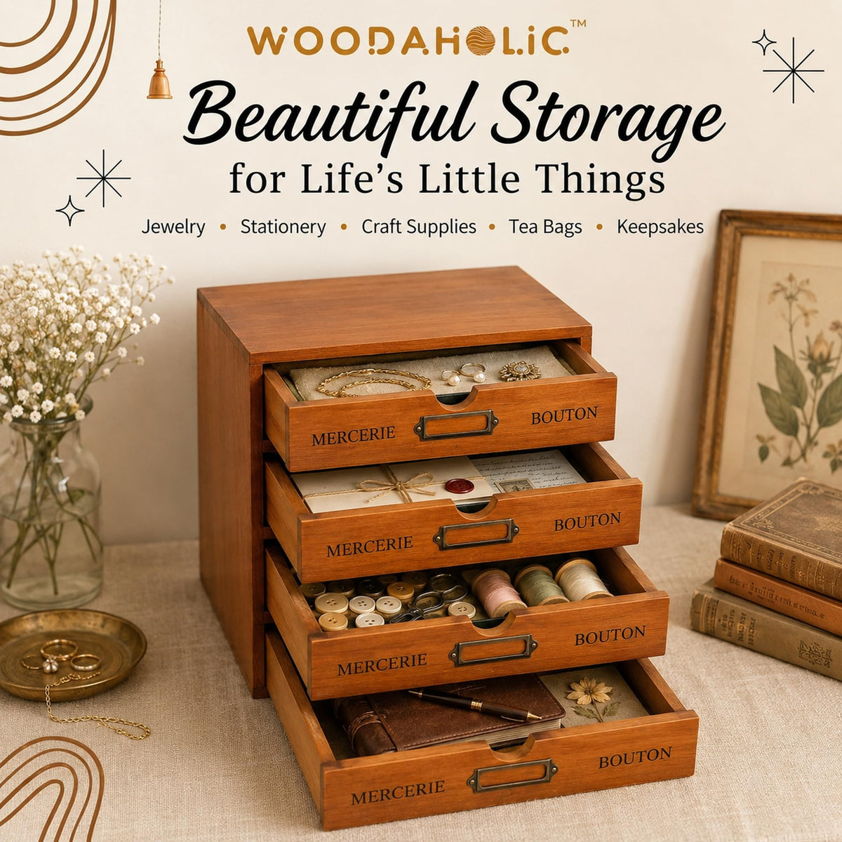 Modular Stackable 4 Drawer Wood Storage Box Z17486