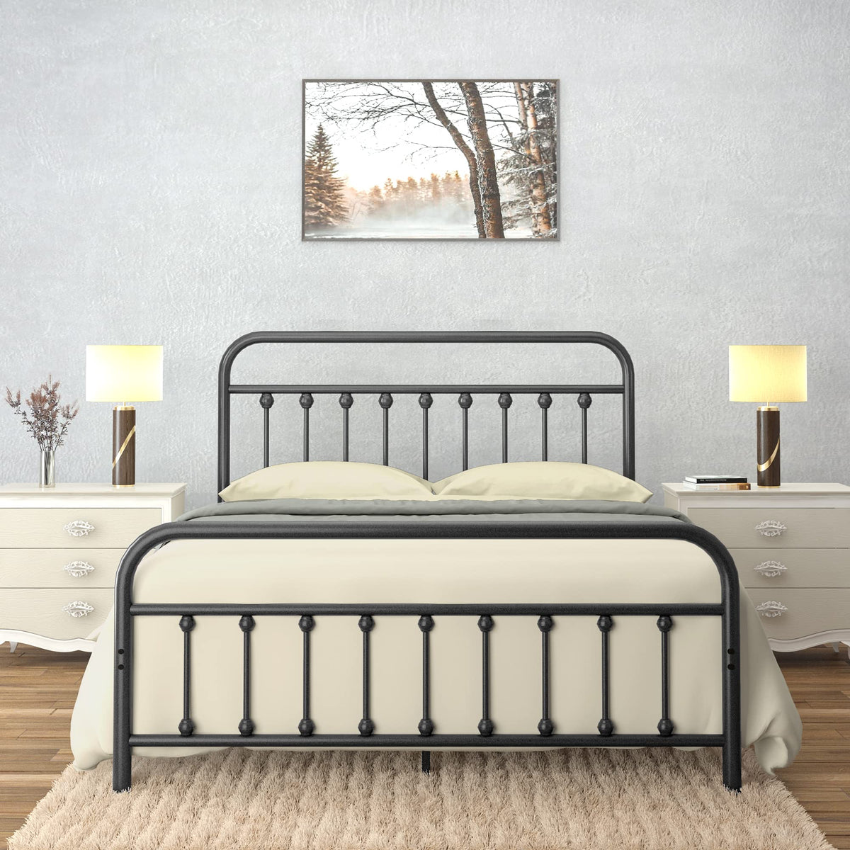 Black Full Size Metal Bed Frame with Wrought Iron Headboard H797
