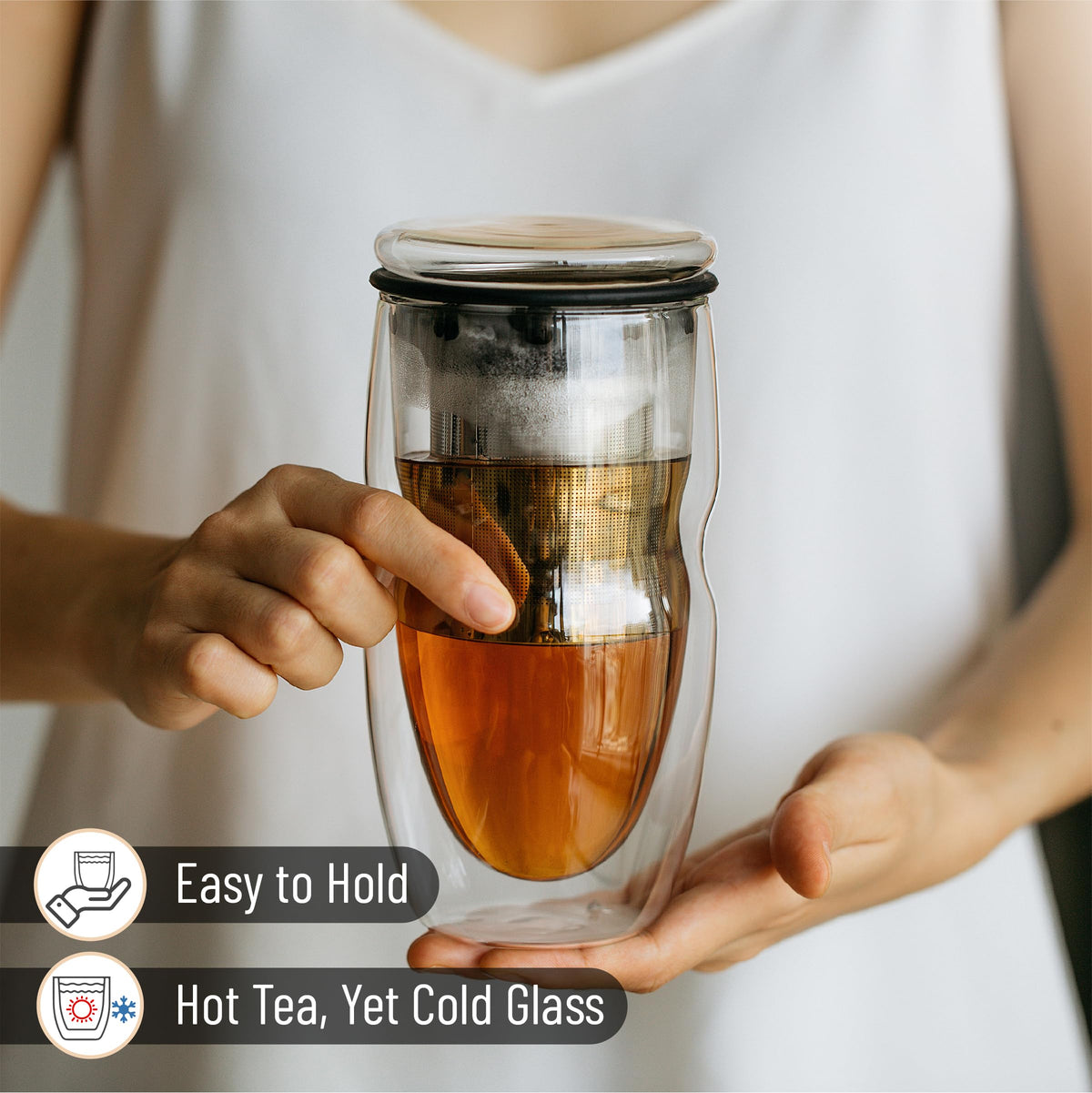 Double Wall Glass Tea Cup with Stainless Steel Infuser and Lid, 16 oz, 2 Pack J324