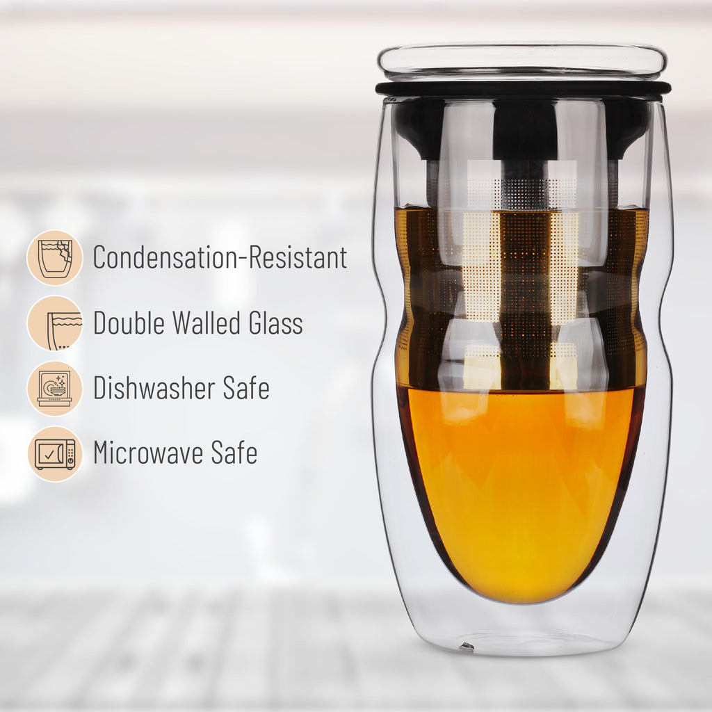 Double Wall Glass Tea Cup with Stainless Steel Infuser and Lid, 16 oz, 2 Pack J324