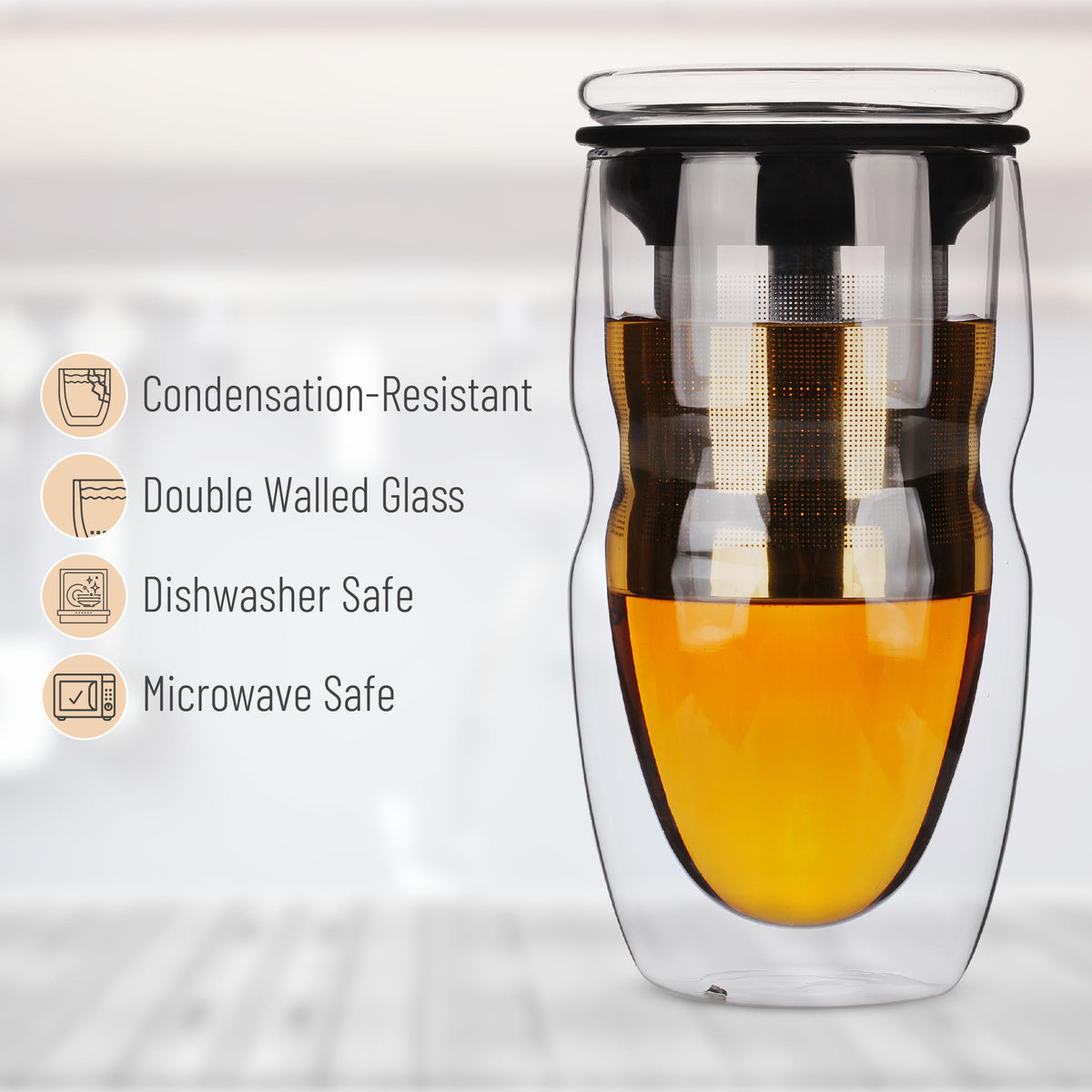 Double Wall Glass Tea Cup with Stainless Steel Infuser and Lid, 16 oz, 2 Pack J324