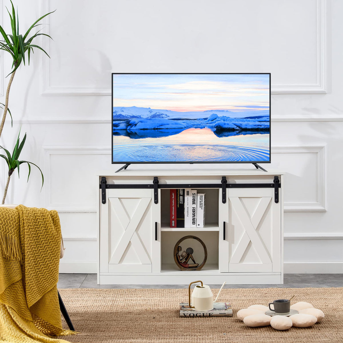 White Farmhouse TV Stand with Sliding Barn Door and Storage Cabinets S72570