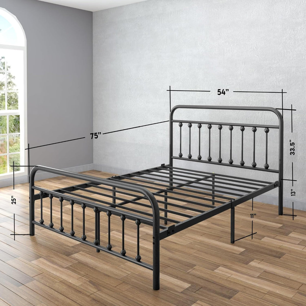 Black Full Size Metal Bed Frame with Wrought Iron Headboard H797