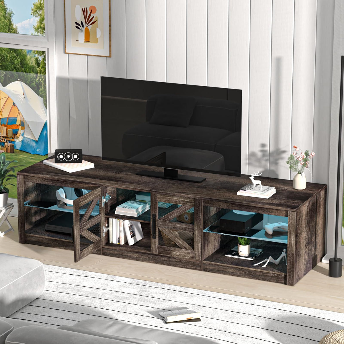 Rustic Brown Grey TV Stand with Sliding Barn Door Y97183