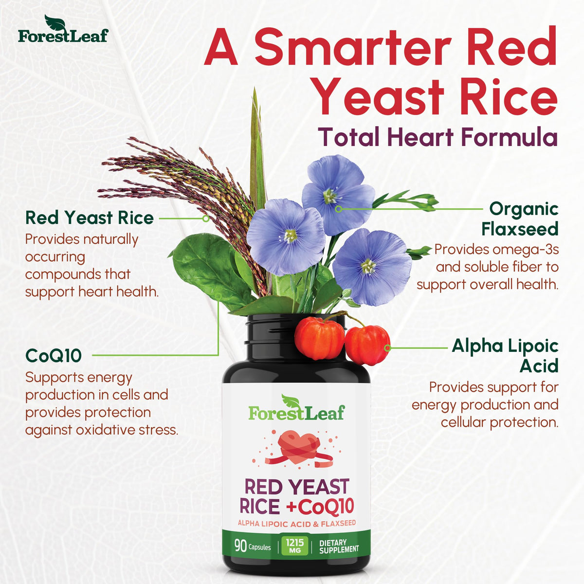 Red Yeast Rice 1215 mg CoQ10 Alpha Lipoic Acid Flaxseed 90 Capsules D4275