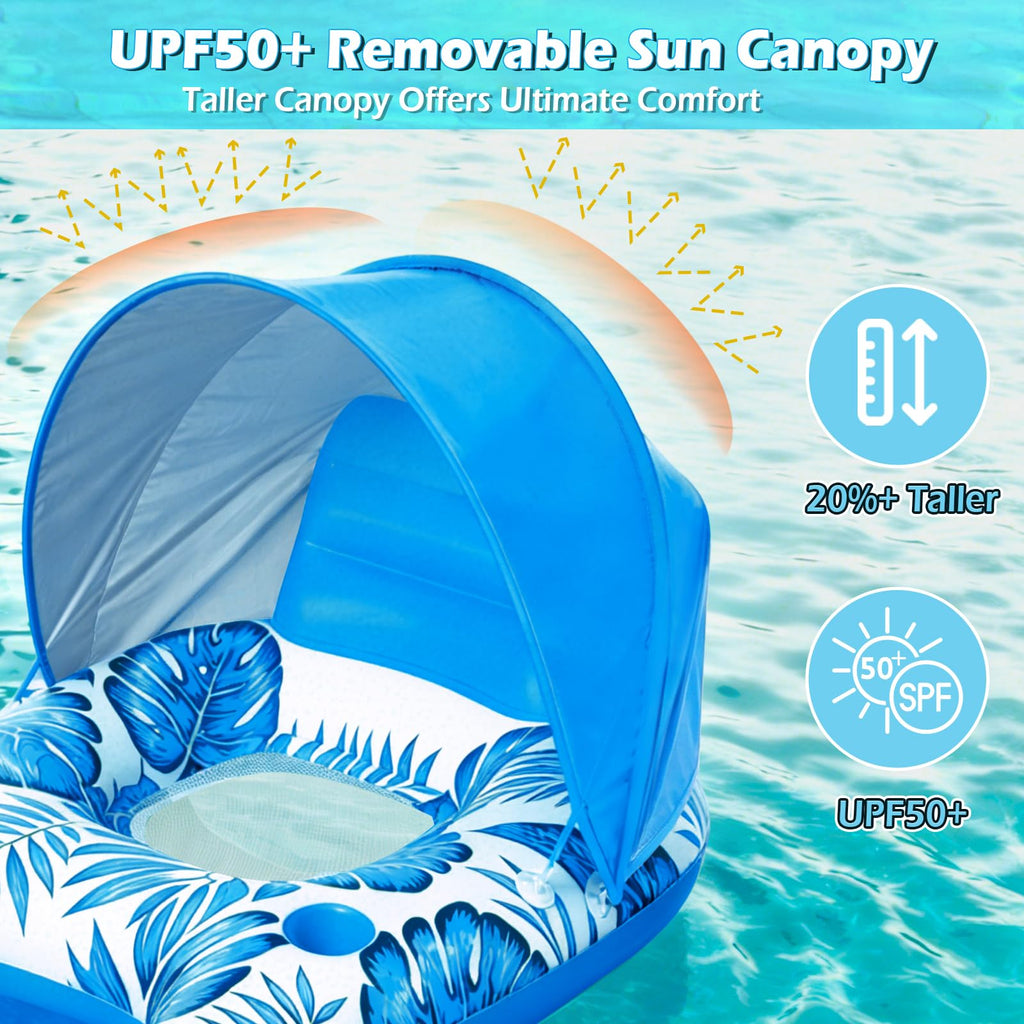 Inflatable Pool Float Lounger with Canopy and Cup Holders F57388