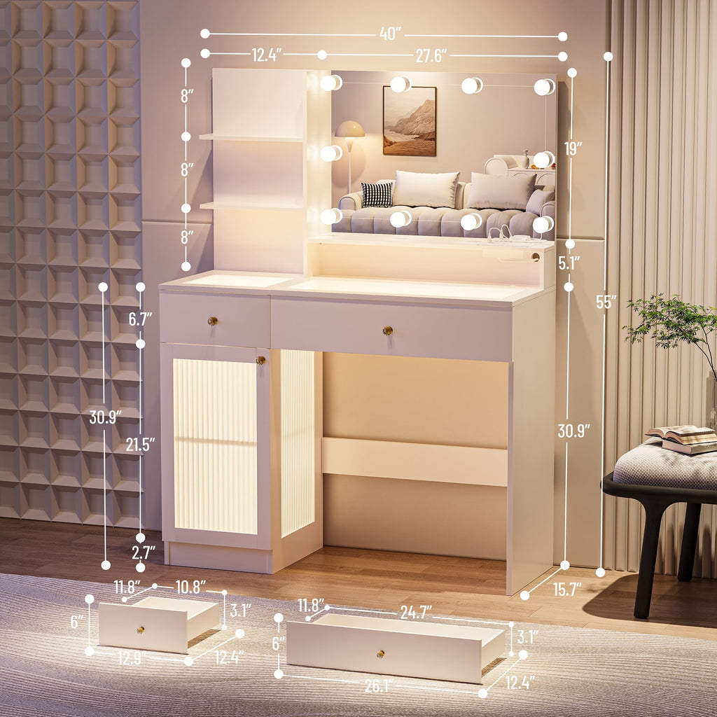 40" White Vanity Desk with Mirror and Lights O145879