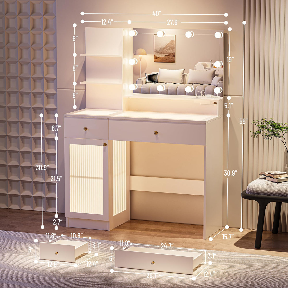 40" White Vanity Desk with Mirror and Lights O145879