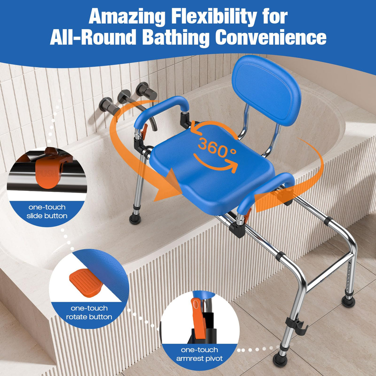 Sliding Shower Chair with 360° Swivel Seat and Adjustable Height D746