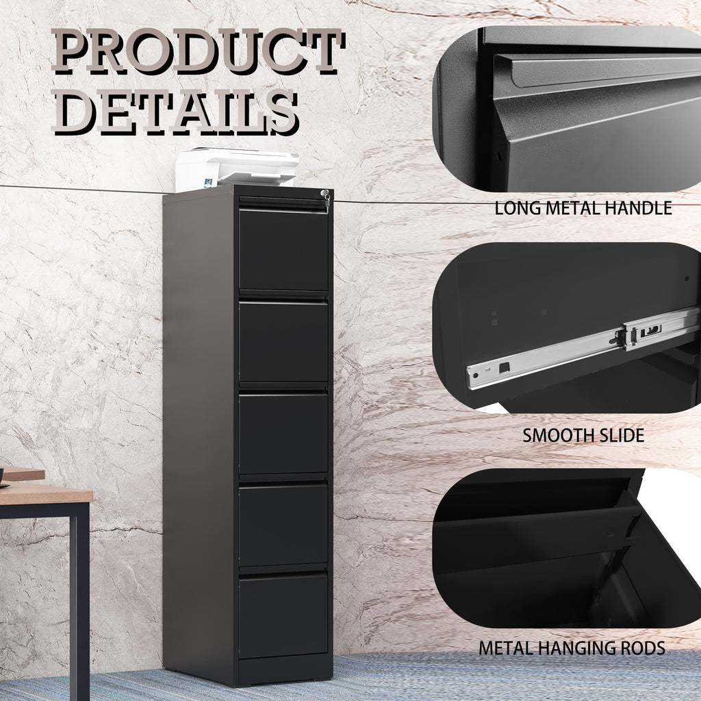 5 Drawer Black Filing Cabinet with Lock Q1218