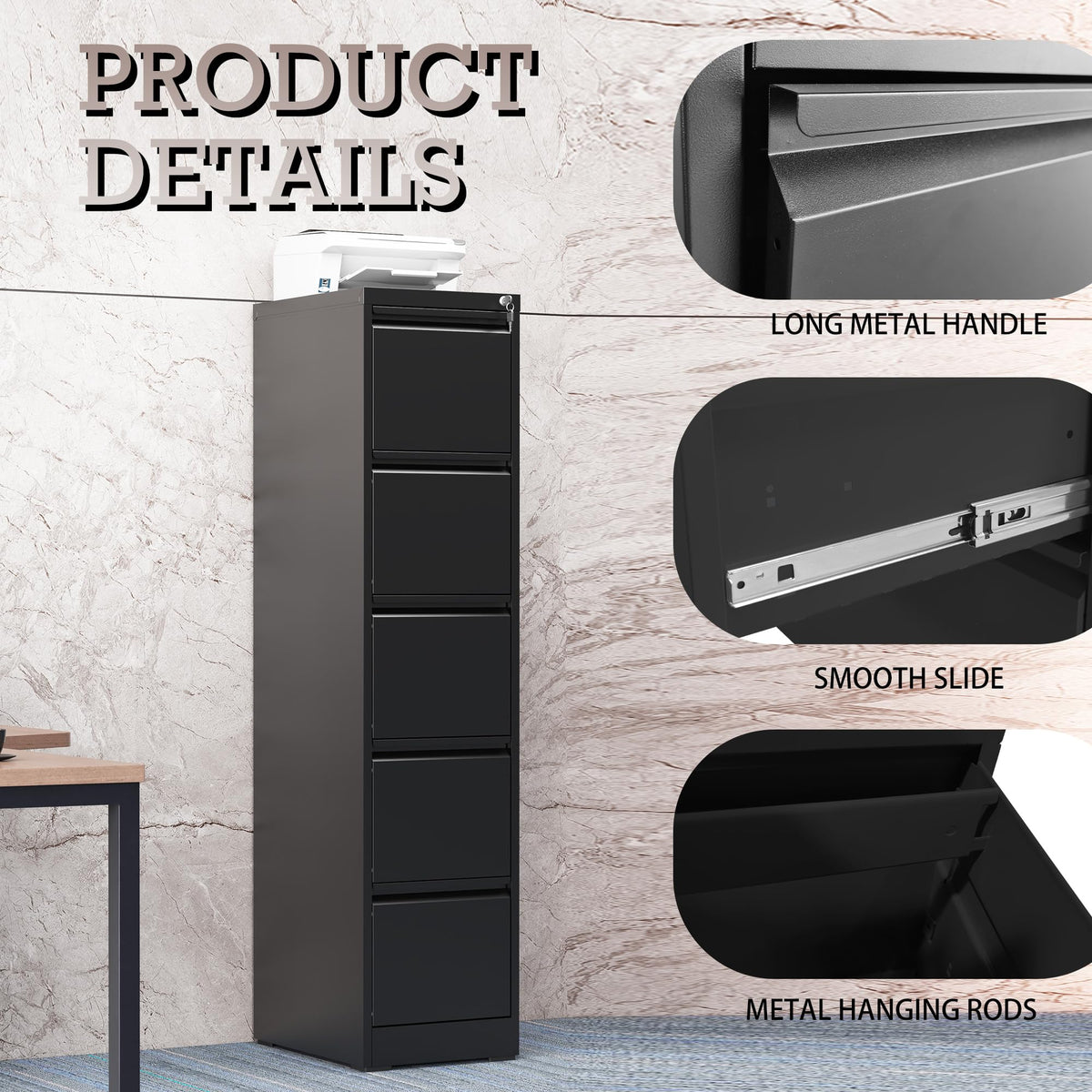 5 Drawer Black Filing Cabinet with Lock Q1218