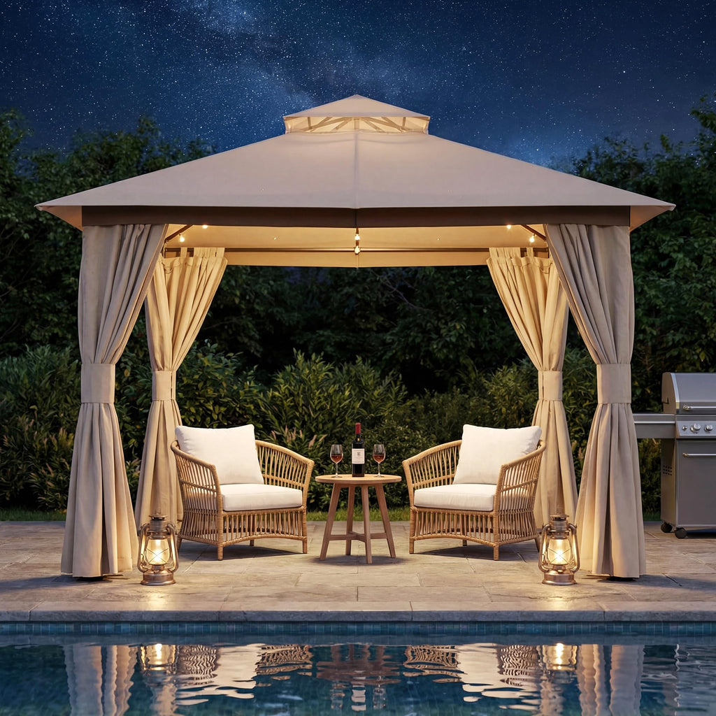 8x8 Outdoor Gazebo with Curtains, Netting & Double Roof H57898