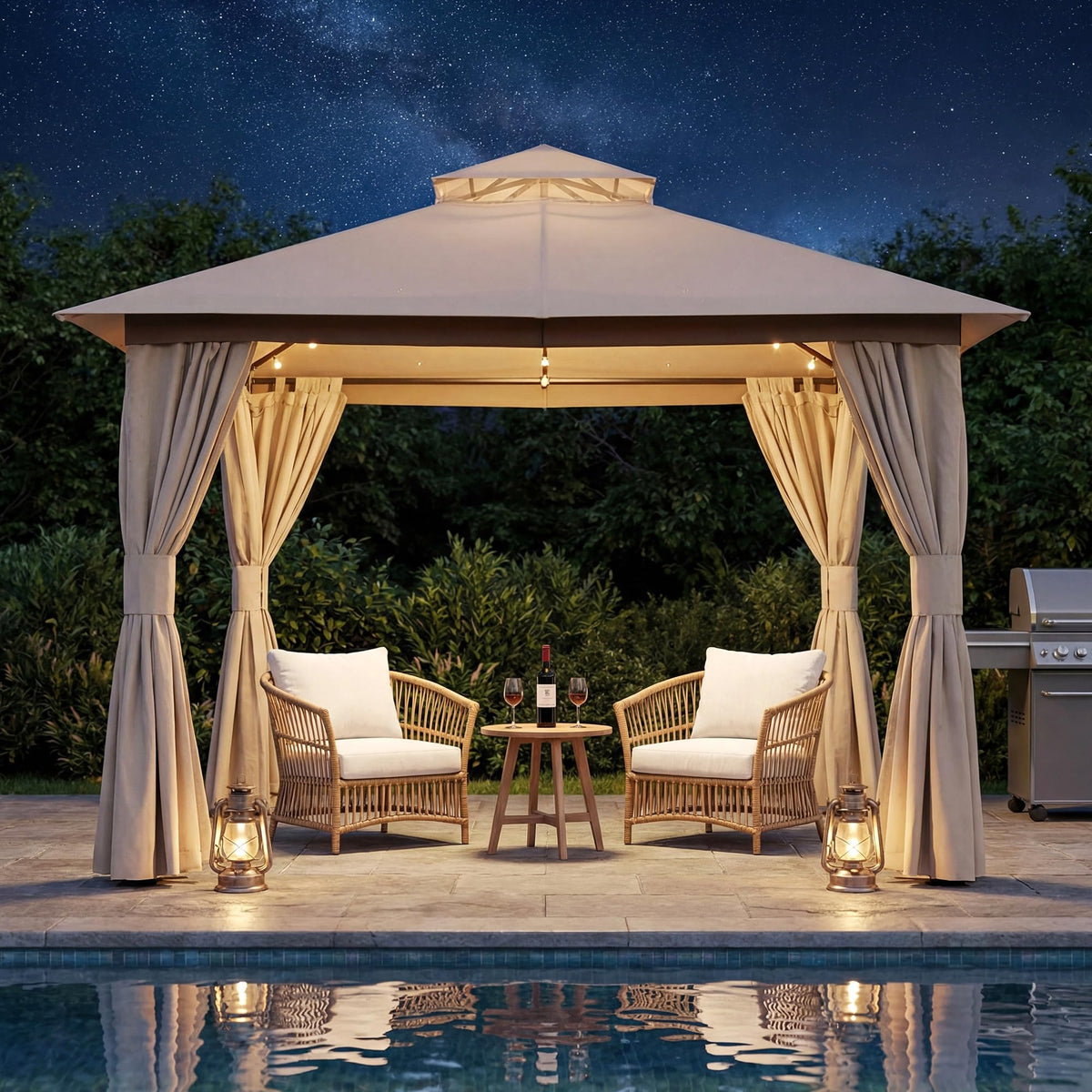 8x8 Outdoor Gazebo with Curtains, Netting & Double Roof H57898