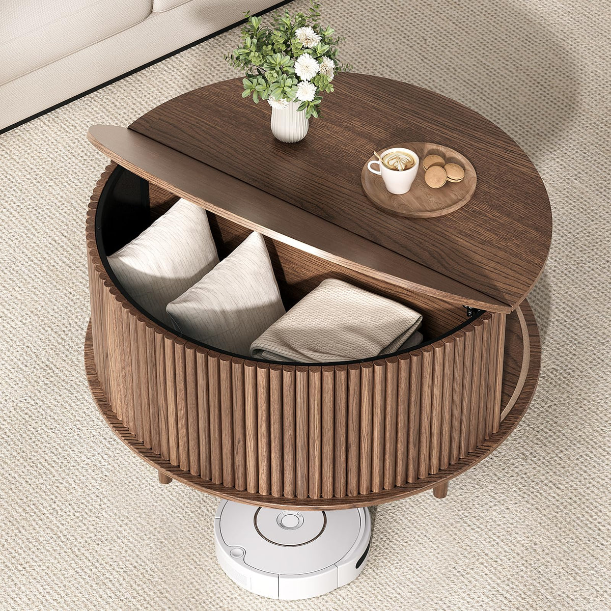 Round Coffee Table with Storage, 31.5", Walnut P774