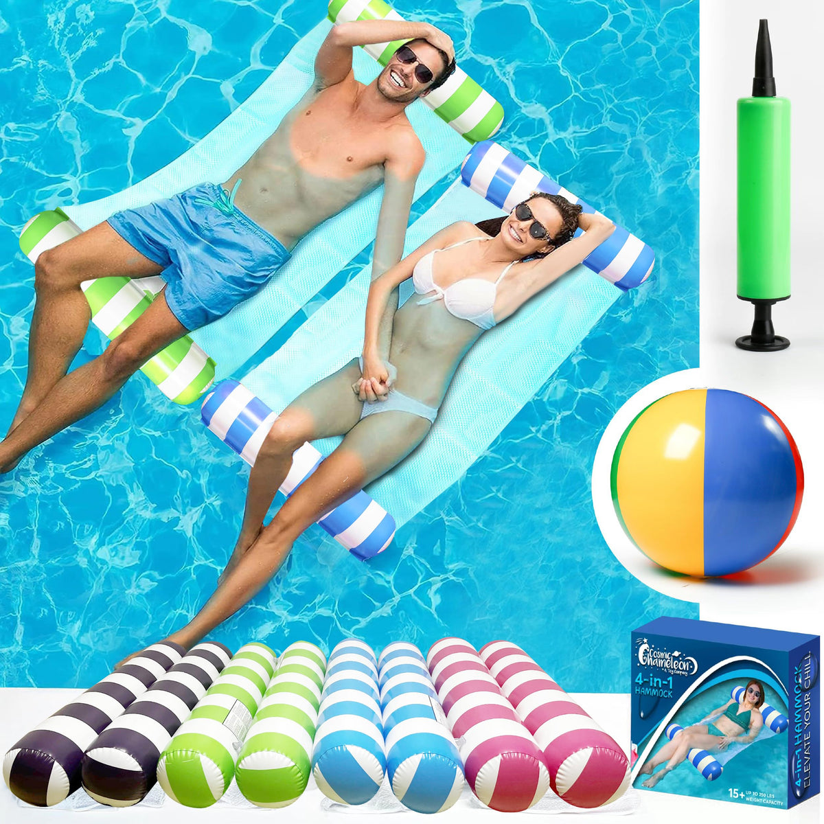 4 Pack Inflatable Pool Hammock Floats with Air Pump and Beach Ball C549917