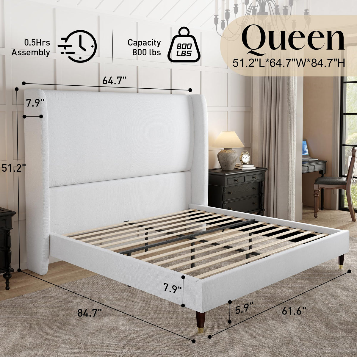 Queen Bed Frame Upholstered Bed White J175